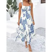 Women's Maxi Dress A Line Dress Slip Dress Vacation Casual Boho Outdoor Going out Regular Fit Floral Sleeveless Spaghetti Strap Navy Blue Blue Green Summer Spr