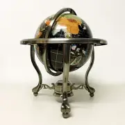 14" Black ocean Silver 3- leg table stand Gem MOP Gemstone World MAP globe