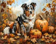 8x10 Matte Print_ Australian Shepherd Sitting in Autumn Pumpkin Patch