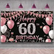 ACEmedia 60th Birthday Decorations Backdrop Banner for Women, Rose Gold 60 Year Old Birthday Party Backdrop, 60th Birthday Themes Photo Props Fabric 6.1ft x 3.6ft