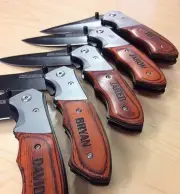 8 Personaliz​ed Engraved Black Blade Wood Pocket Knife Groomsman Knives Gift Set