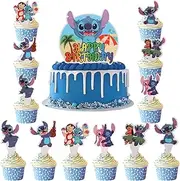 25Pcs Blue Stitch Cake Decoration, Happy Birthday Cake Topper, Stitch Cupcake Toppers for Girls, Cartoon Stitch Cake Topper for Girls Kids Boys Birthday Party Decoration