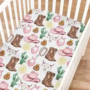 Western Cowgirl Cowboy Fitted Baby Crib Sheet for Boy Girl 52"x28" Desert Cowboy Hat Boot Sun Cactus Soft Breathable Baby Crib Mattress Bed Sheet Fits Standard Crib and Toddler Mattress Pink