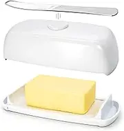 Butter Hub Extra Large Butter Dish with Lid and Knife, European Size Magnetic Butter Keeper, Easy Scoop, No Mess Lid, Plastic, Dishwasher Safe (White)