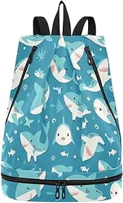 [sanluoli] Drawstring Cute Cartoon Blue Sharks sports bag sturdy small gym bags with Wet Dry Compartments, Cute Cartoon Blue Sharks