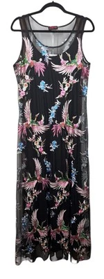 Johnny Was Mazzy A-Line Dress XS Black Mesh Bird Floral Embroidered Maxi Slip
