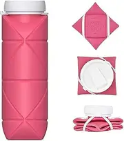 Collapsible Bottle Foldable Food Grade Silicone Water Bottle With Suction Nozzle,Collapsible Leak Proof Water Bottle for Sports,Fitness Gym,Gym Outdoor,Camping Hiking,Travel(Pink,600ml)