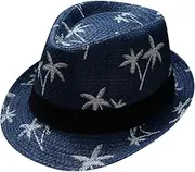 [Digood] Adult Summer Straw Hat Parent Child Beach Wind Travel Tree Printing Paper Straw Jazz Hat Seaside Sun Hats(Dark Blue,One Size)