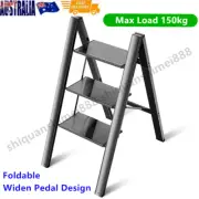 3-Step Black Aluminum Step Stool W/Wide Anti-Slip Pedal Portable Folding Ladder