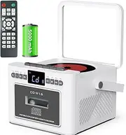 Cassette Tape Player, 7-in-1 CD Cassette Player with Remote Control, HD Display, Dual Speakers, 5000mah Battery, Music Centre, for U Disk, TF Card, CD, Tape, Bluetooth, FM Radio, AUR Input White
