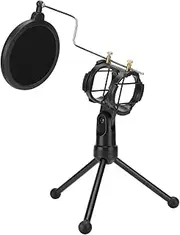 Mic Pop Filter,Double Layer Black Abs Microphone Isolation Shield,Adjustable Filter Microphone Shield Anti Spray Mesh with Tripod Holder,for Studio Recording,Podcasts