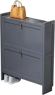 Rattan Cabinet Shoe Cabinet for Entryway Slim Storage Shoe Rack Organizer, Narrow Shoe Storage Cabinet, Freestanding Wooden Shoe Rack Storage Cabinet with Metal Legs for Entryway Hallway Bedroom (Col
