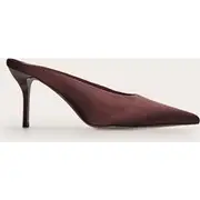 Chocolate Satin Point Toe Mid Stiletto Heeled Court Mules, Chocolate