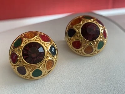 NIB JOAN RIVERS GOLD TONE MULTICOLORED ENAMEL AMETHYST CRYSTAL CLIP EARRINGS