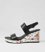New Django & Juliette Paradicee Black Amalfi Print Leather Sandals Womens Shoes