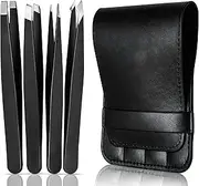 (4 Pack) Tweezers Set - Professional High Grade Stainless Steel Tweezers for Men and Women, Precision Eyebrow Tweezers for Facial Hair, Chin, and Ingrown Hair Removal - Included Storage Travel Case