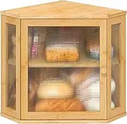 FORYUSE Corner Bread box for Kitchen Countertop Bamboo Wood Double Layer Large Food Storage Container with Acrylic Wavy Door Panel