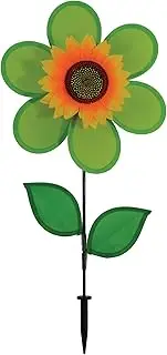 In the Breeze 2702 — 12-inch Green Sunflower Wind Spinner with Leaves — Colorful Flower for Yard and Garden