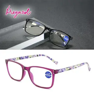 MEGASOL 抗UV400濾藍光時尚男女仕中性老花眼鏡大框手機眼鏡(米釘印花矩方框-828)
