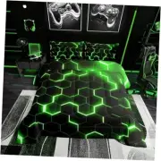 Geometric Comforter Set Size,Teen Boys Green Black Neon Light Queen Pattern 50
