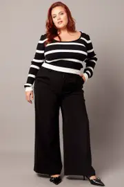 White Stripe Knit Top Long Sleeve Scoop Neck
