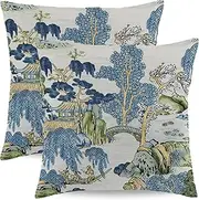 Wsunsal Chinoiserie Pillow Covers 18x18 Inch Set of 2, Asian Scenic Blue and Green Throw Pillows Farmhouse Chinoiserie Decorative Pillowcase Linen Cushion Cover for Home Sofa Bedroom Outdoor