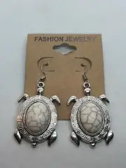Tribal African Howlite Turtle Tortoise Tibetan Silver Dangle Earrings Boho