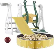 KIDBOT 5 in 1 Slide and Swing Set for Toddler, with Basketball Hoop & Ball Pool + 200 Ocean Balls, Kids Activity Playground Centre Indoor Outdoor Toy Playset, Color-Green&White