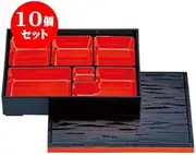 Set of 10, Echizen Lacquerware (A) 1 inch Long Hand hegime Matsukado Kurobuchi Vermilion (with partition) [31.3 x 26 x 6.8 cm] Japanese Tableware, Ryokan, Restaurant, Commercial Use