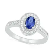 Oval Blue Lab-Created Sapphire and 0.05 CT. T.W. Diamond Frame Antique Vintage-Style Ring in Sterling Silver