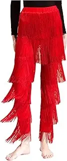 [Aislor] Womens Latin Dance Pants Elastic Waistband Tiered Fringed Trousers for Tango Cha-cha Performance Costume