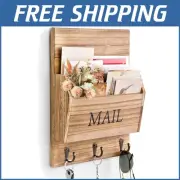 Functional Rustic Wood Mail Holder with 3 Hooks for Easy Access - Easy Install