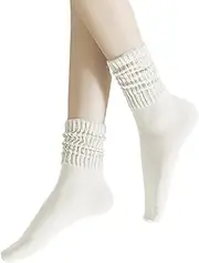 [PLZSITDOWN] Women's Scrunch Crew Socks Retro Cotton Ribbed Sock Summer Light Athletic Slouch Socks, Beige, One Size