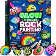 Glow in The Dark Rock Painting Complete Craft Kit - Boys & Girls Ages 6+ - 10 Rocks 6 Standard Paints Glitter Glue Gems Googly Eyes Transfer Stickers