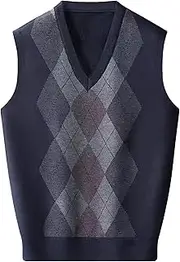 [SWJGLITTR] Mens V Neck Knitwear Vest Argyle Sweater Sleeveless Vests Lightweight Cotton Pullover Waistcoats, Navy Blue, Large