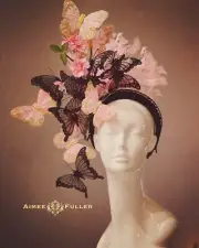 Kentucky Derby Fascinator Black Pink Gold Butterfly Hat Royal Ascot Del Mar Hat