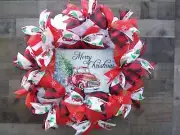 Merry Christmas Red Truck Country Farmhouse Mesh Buffalo Plaid Ribbon Wreath