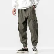 Drawstring Waist Plain Harem Cargo Pants Army Green - M