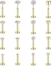 [Kakonia] 16G Tragus Nose Studs 316L Stainless Steel Lip Labret Medusa Piercing Bar Silver Gold CZ Round Ball Cartilage Lobe Earring Push In Flat Back Piercing Jewellery For Women Men 16Pcs 6mm 8mm