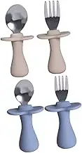 BESTYASH 2 Sets Stainless Steel Utensils with Silicone Handles Training Spoons and Forks for Dishwasher Safe for Self Feeding Grey
