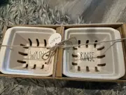 Rae Dunn "Wash" & "Rinse" Ceramic Decorative Berry Baskets Colanders Set of 2