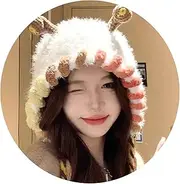 [Generic] Cute White Plush Hat, Cartoon Knitted Hat, Women's Autumn and Winter Warm Plush Hat, Riding Earmuffs, Earmuffs, Windproof and Cold-Proof