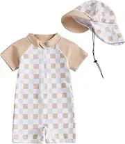 [KtwHarnu] Toddler Baby Boy Girl Rash Guard Swimsuit One Piece Checkerboard Short Sleeve Zipper Swimwear Bathing Suit with Hat