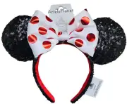 Disney Parks Minnie Mouse Sequined Ear Headband White Bow & Red Polka Dots