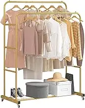 Double Rods Clothing Rack with Wheels, Garment Rack for Hanging Clothes, Multi-functional Bedroom Clothes Rack, Gold