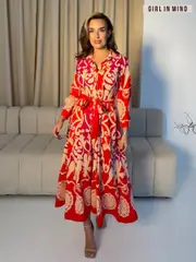 Girl In Mind Red Angela Tie Front Shirt Dress (F22152) | $127