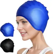 2 Pack Silicone Swim Cap with 3D Ear Protection, Waterproof Swimming Cap Bathing