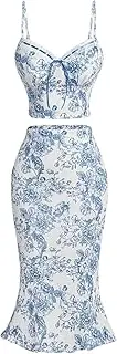 [Floerns] Women's 2 Piece Outfit Floral Print Tie Front Cami Top with Skirt Set