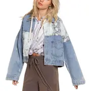 Nevenka Womens Distressed Denim Jacket Patchwork Print Ripped Outwear-SnakePattern