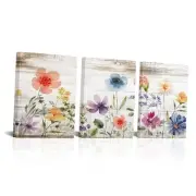 3 Panels Wildflower Floral Canvas Wall Art Watercolor Flower Botanical Plant